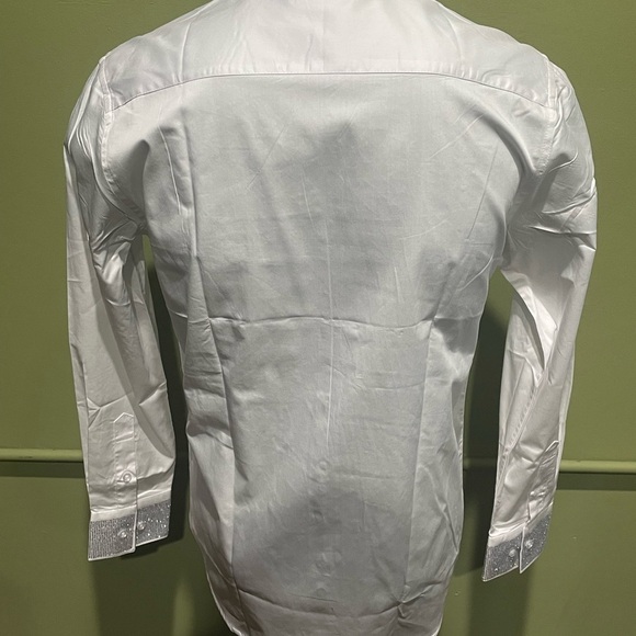 Deniko Men's White and white Embroidered Shirt rhinestone modern fit - Picture 4 of 4